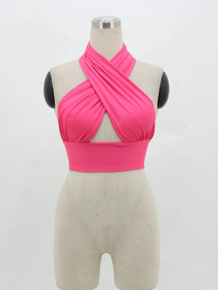 Women Strappy Cross Over Front Cut Out Halter Neck Sleeveless Backless Crop Top Bandage Vest Summer Sexy Tops Woman Clothes S-XL