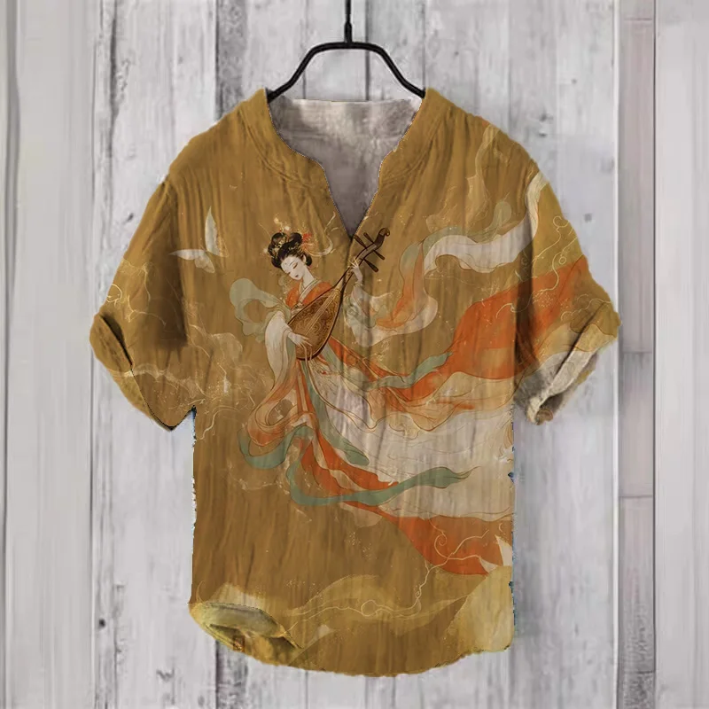 

Chinese style Dunhuang Flying Apsaras 3 button V-neck men's shirt linen breathable short sleeved 3D printed exquisite pattern