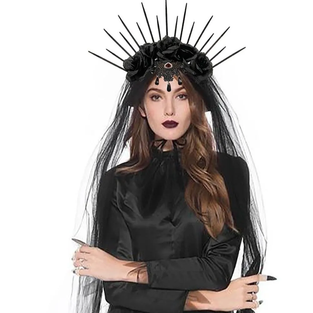 

Headdress Mesh Halloween Headband Gothic Rhinestone Veil Headband Crown Black Bride Hairband Props