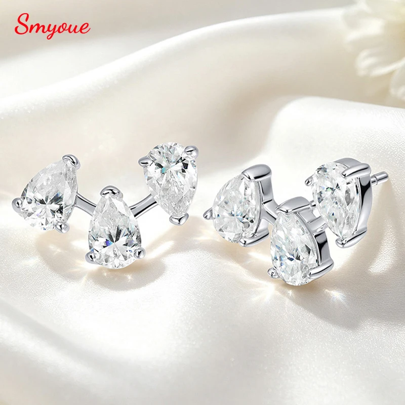 Smyoue Trendy D VVS1 All Pear Cut Zircon Stud Earrings Sparking Bridal Wedding 18k Plated Jewelry Real 925 Sterling Silver Gifts