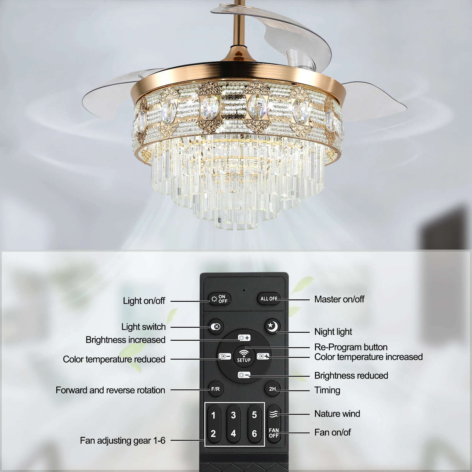 Modern Smart Ceiling Fan Chandelier Gold RC Adjustable 6 Speed Pendant Light Luminaire Bedroom 3 Heads Led Fandelier Lamp Indoor