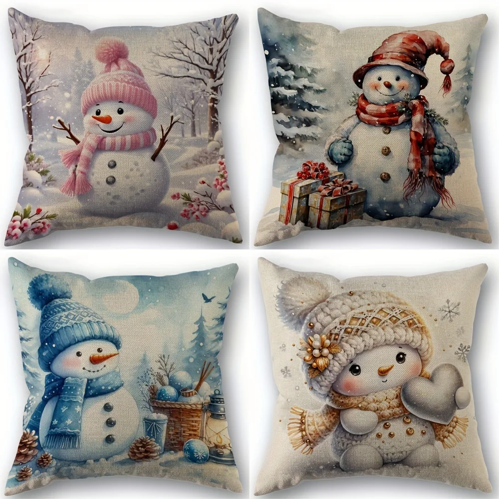 Festive Christmas Snowman Throw Pillow Cover - 18X18 Inches, Single Sided Linen Print, Zipper Closure, Suitable for Sofa