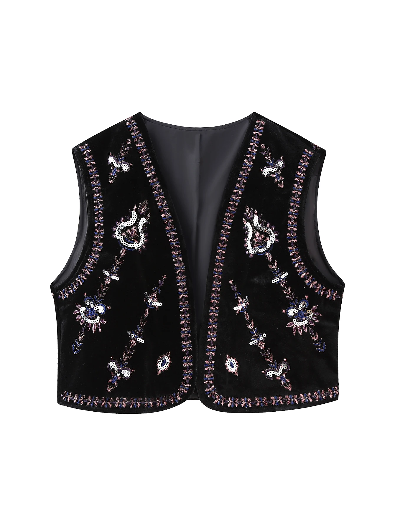 

Women Vintage Sequins Flower Embroidery Short Velvet Vest Jacket Ladies Sleeveless Casual Cardigan WaistCoat Tops CT5465