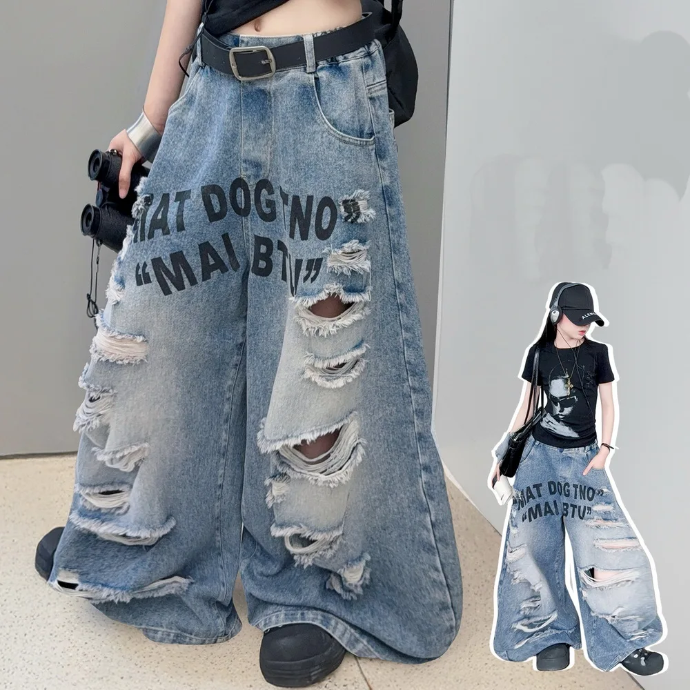 Girls Street Wear Jeans with Broken Holes Hiphop Design Jazz Denim Pants Kids Child Straight Fit Ripped Trousers American Style