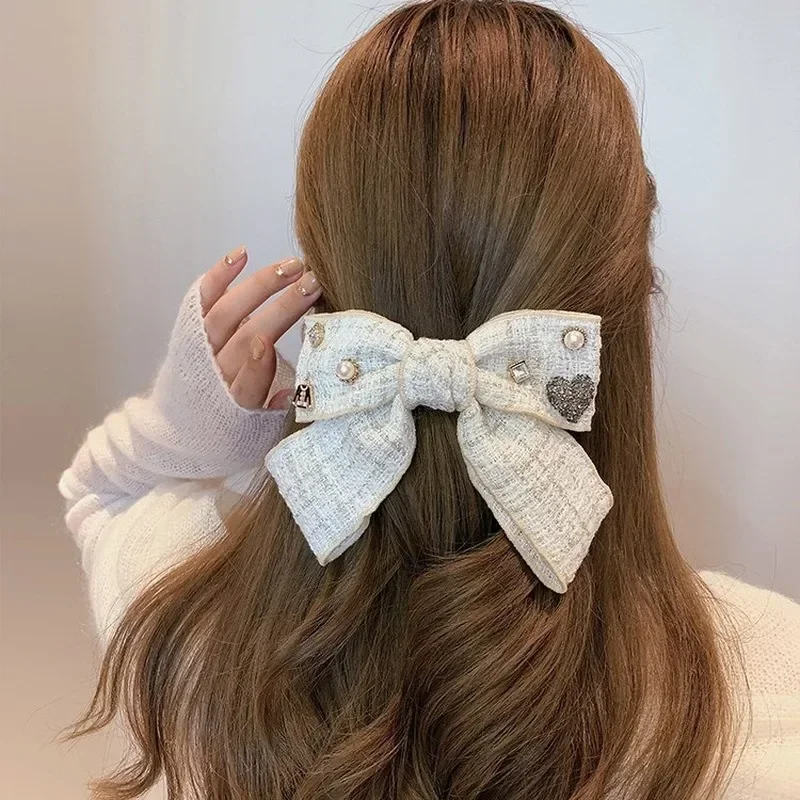 Elegant Plaid Cloth Hairpins Adult Crystal Heart Pearl Luxury Fabric Bow Hair Clip Pin for Girls Women Hair Jewelry Headpiece