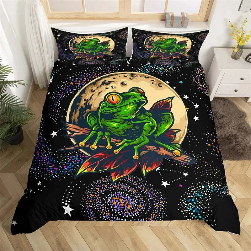 Tree Cartoon Frog Duvet Cover Kawaii Wild Animal Bedding Set Full Twin For Kids Child Teens Spiral Stars Nebula Comforter Cover