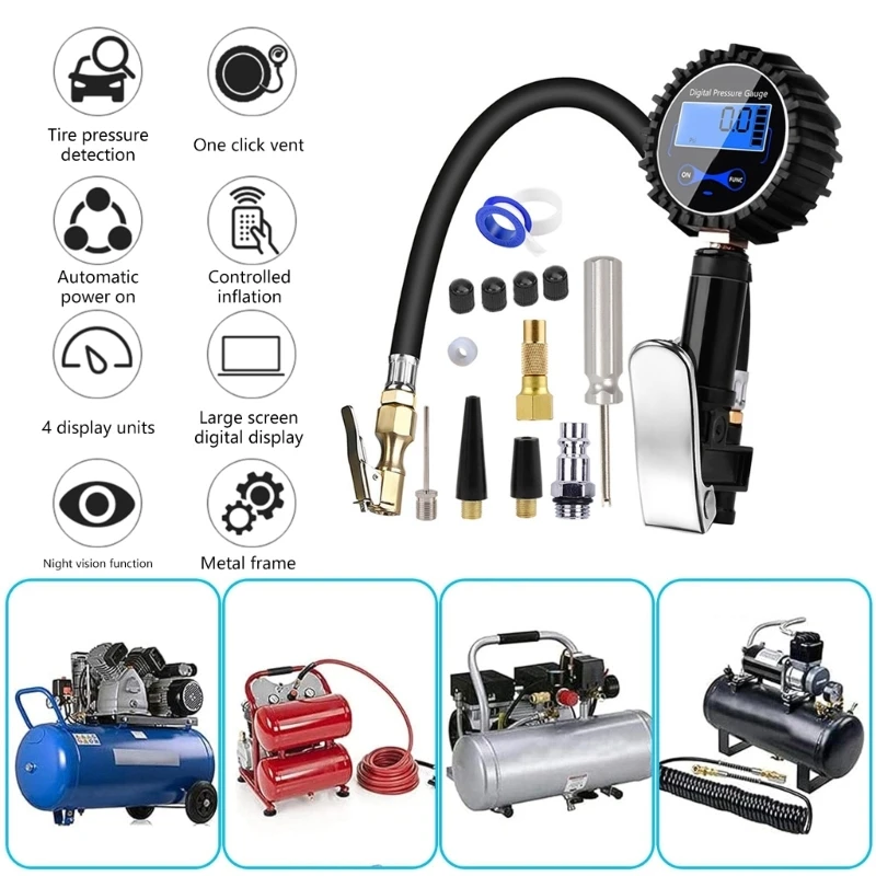 

Digital Tire Inflator with Pressure Gauges, 200PSI, Heavy Duty Air Compressor with Rubber Hose Locking on Chuck Q6RD