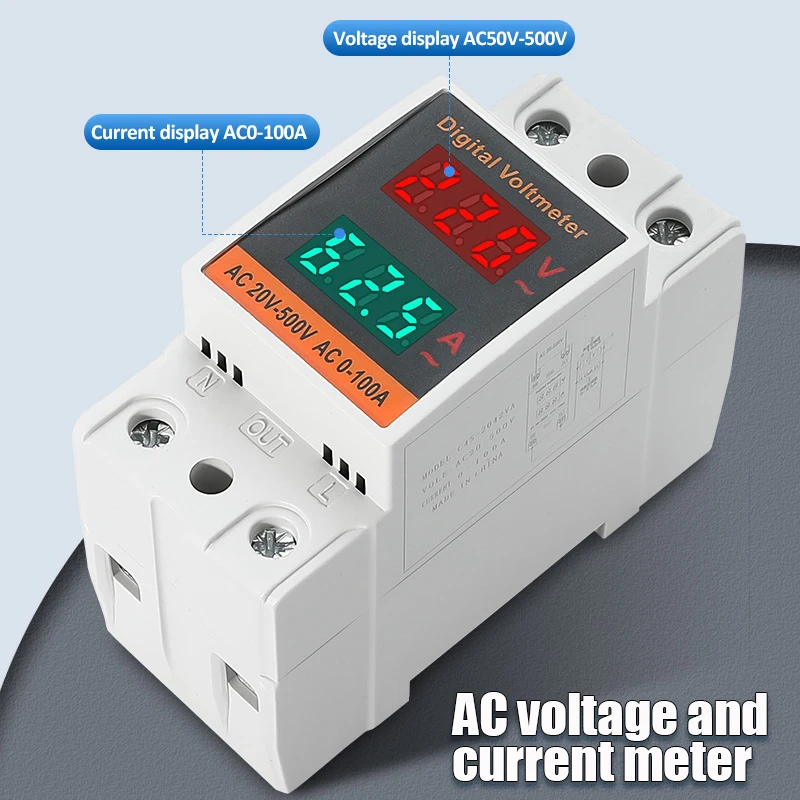 Din Rail AC Voltmeter Ammeter AC220V AC380V Digital AC Voltage Current Meter LED Display Electric Meter AC50-500V 0-99.9A