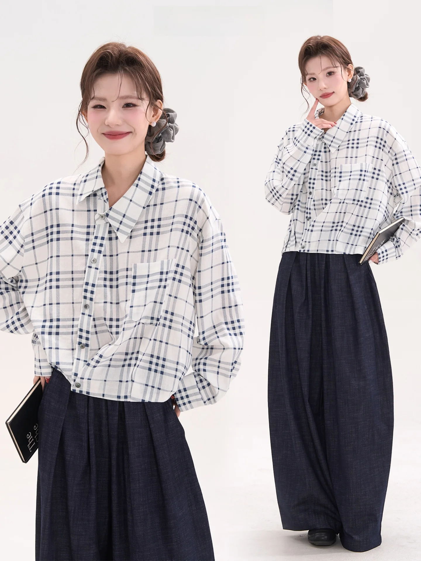 

Heme Spring Commuter Plaid irt Women's Loose Fit Long Sve Cotton Linen Blend Creased Design Casual Top