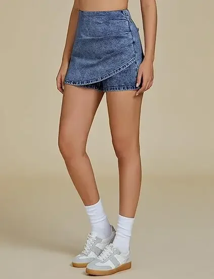 Women Denim Short Pants Elastic Waist Pleated Straight Trousers Y2k Streetwear Beach Skirt Pant Work Causal Washed Slim Fit 2026