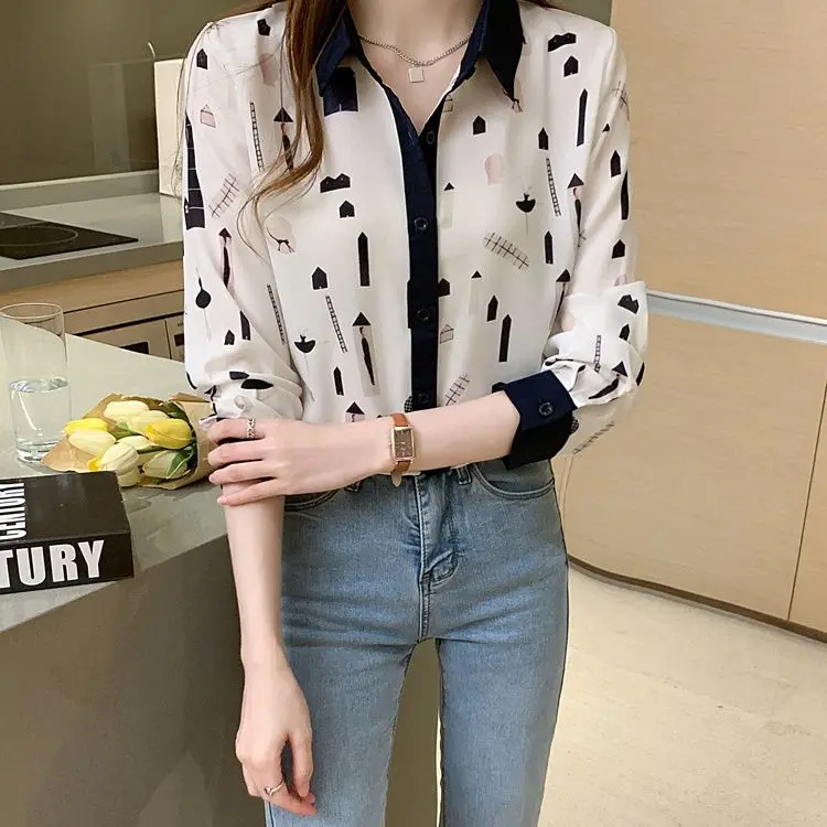 Otoño nuevo temperamento versátil suelto bloque de Color impreso de manga larga camisa personalizada de fondo camisa de mujer Top elegante