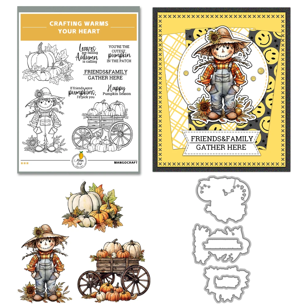 Mangocraft Autumn Harvest Pumpkin Scarecrow Cutting Dies Clear Stamp DIY Scrapbooking Metal Dies Silicone Stamps For Cards Album