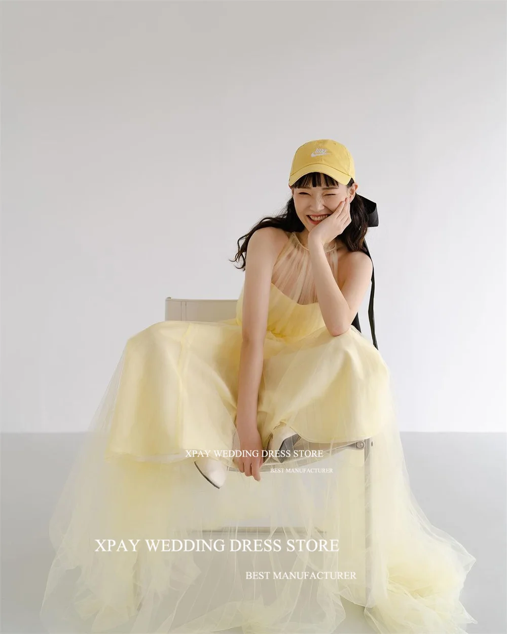 XPAY Princess Yellow Halter Neck Wedding Dresses Pleat Tulle Korea Bride Gown Corset Backless Wedding Photos Shoot Bridal Gown