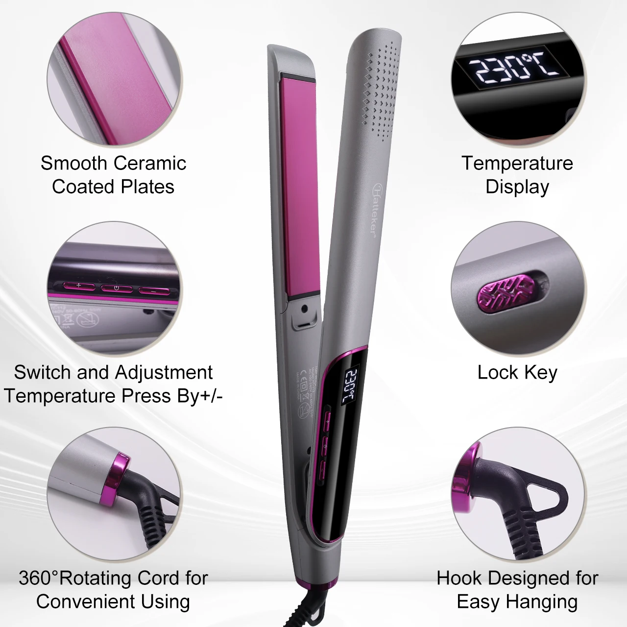 Hatteker Professional Hair Straightener for Women LCD Display Flat Iron Negative Ion Infrared Hair Care Styling Tool