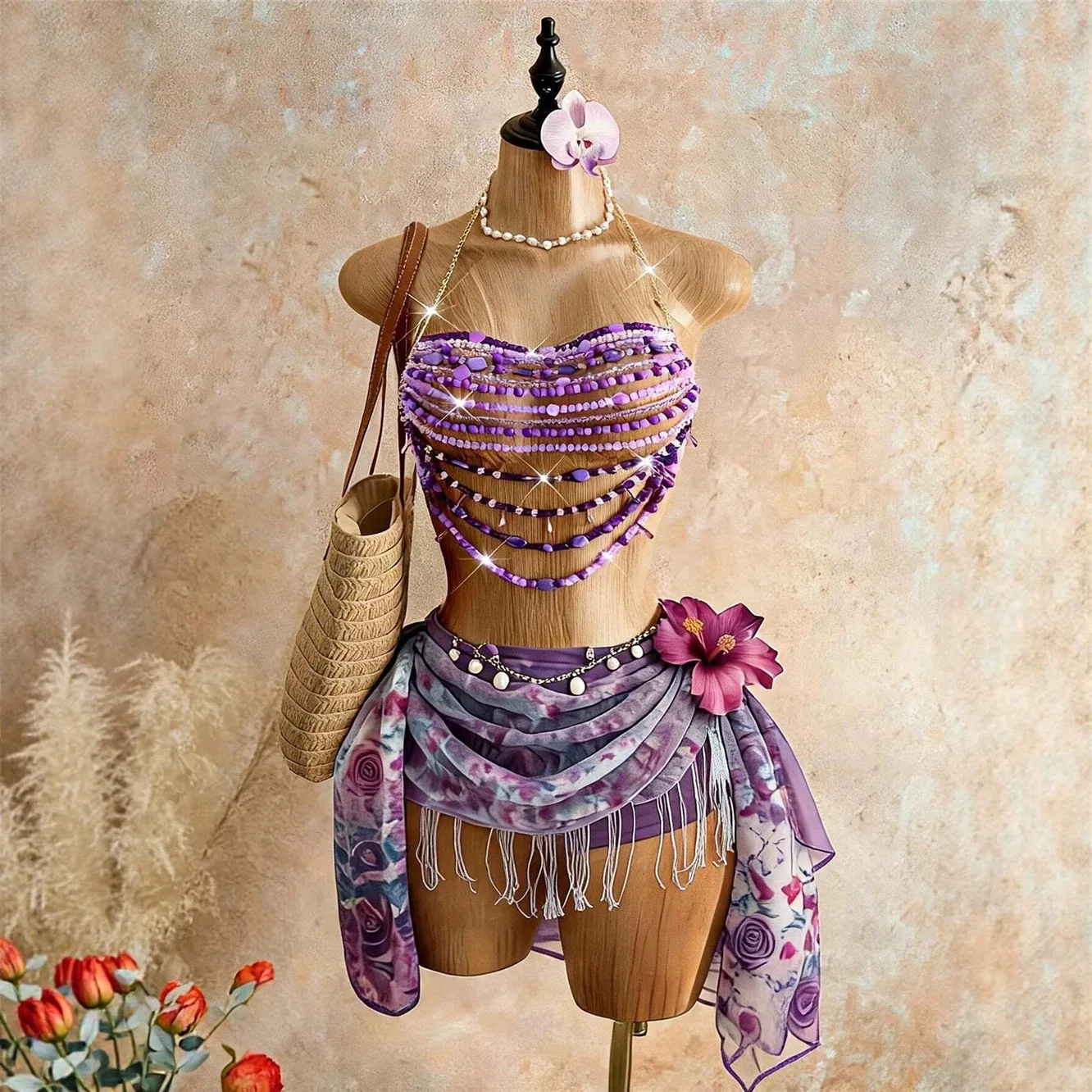 Multi-layer Purple Stone Beaded Bra Chain for Women Sexy Backless Camis Bra Tops Bikini Crop Acrylic Beading Tops Body Jewelry