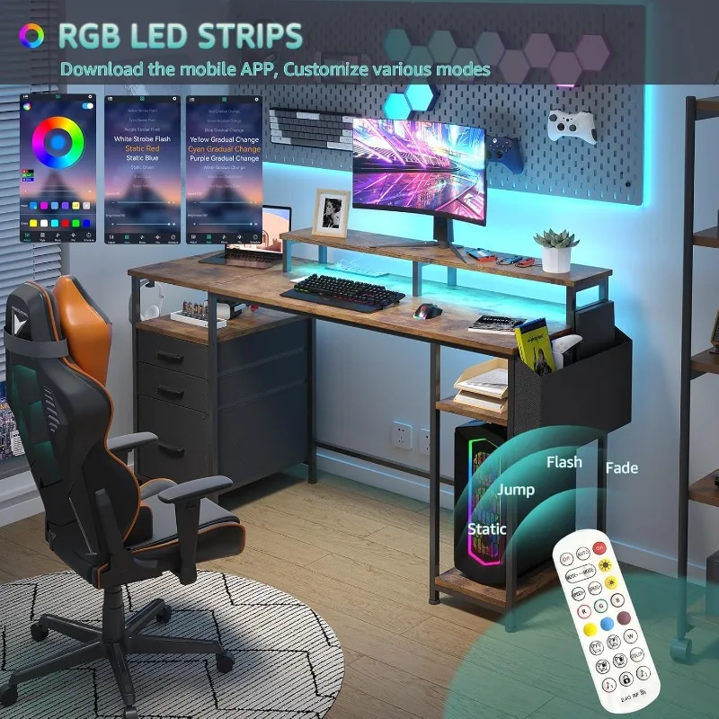 مكتب كمبيوتر مع خزانة أدراج ملفات قماشية، مكتب مكتب منزلي مقاس 55 بوصة مع حامل شاشة أرفف، ألعاب كتابة الدراسة #4