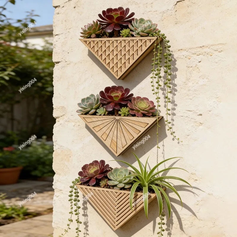 Triangular Wooden Wall Flower Pot, Creative Plant Shelf Crafts Home Wall Art Decoration view 4
