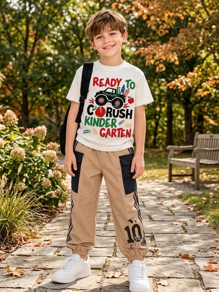 Boys 2Pcs Outfit Monster Truck Letter Print Short Sleeve T-shirt + Pocket Cargo Jogger Pants Kids Casual Clothes Set For 5-13Y