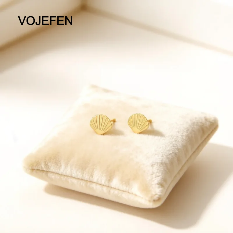 VOJEFEN Pure 18k gold certified Summer Beach Shell Earrings Tiny Stud Trendy Earrings 2026 Best Friend Birthday Gift for Her