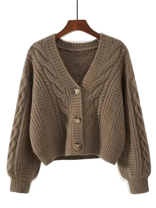 Elegant V-Neck Sweater Jacket Women Loose Lazy Style Autumn Winter Outerwear New Short Vintage Twist Knit Open Cardigan