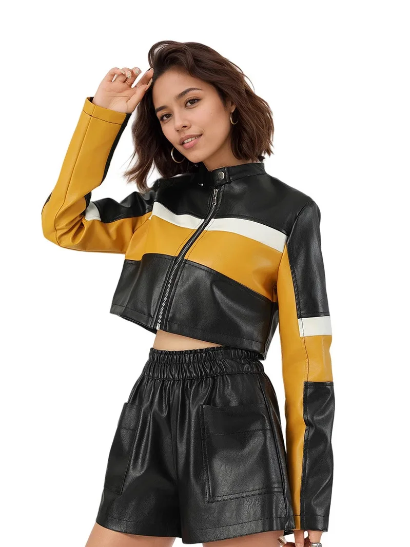 Sexy Color Blo ort Leather Jaet Women's Motorcycle Sle Stand Collar Slim Fit Faionable PU Leather Coat for Women