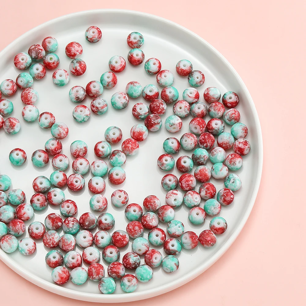 30-50pcs 8/10mm Glass Snowflake Beads Round Imitation Ceramic Spacer Beads for Bracelet Necklace Jewelry Making Accessories
