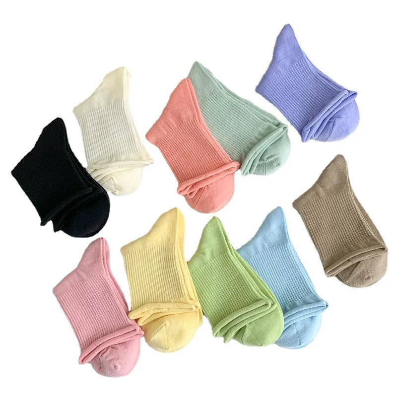 Candy Colored Rolled Edge Socks for Women's Mesh Thin Cotton Breathable Mid Tube Casual Socks
