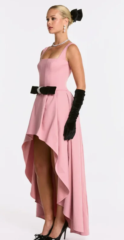 Pink Square Neck Sleeveless Gown, Black Rhinestone Belt High Low Ruffle Formal Dress