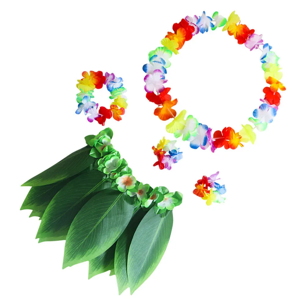 

5pcs Leaf Skirt Set Xl 100-160Cm Waist Stretchable Hawaiian Grass Skirt For Adult Women Green Fabric Hula Costume Elastic Band