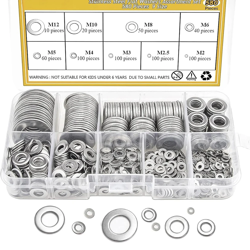 580Pcs 304 Stainless Steel Flat Washers Assortment Kit, Locking & Sealing Washers 9 Sizes Metal Flat Washers for Screws Bolts,