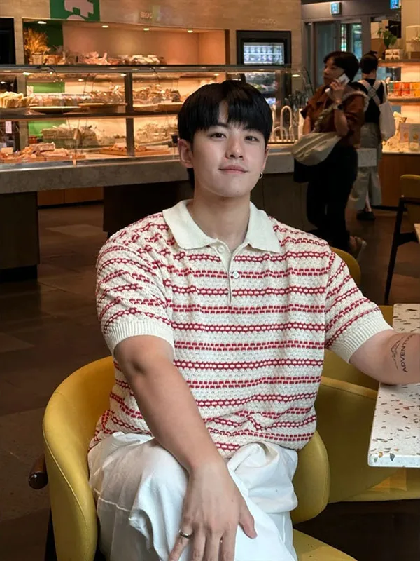 Textured Knitted Short Sleeve  Shirt Henley Neck Striped T-Shirt Summer Wearable Standard Fit Youthful Style Wear Resistant