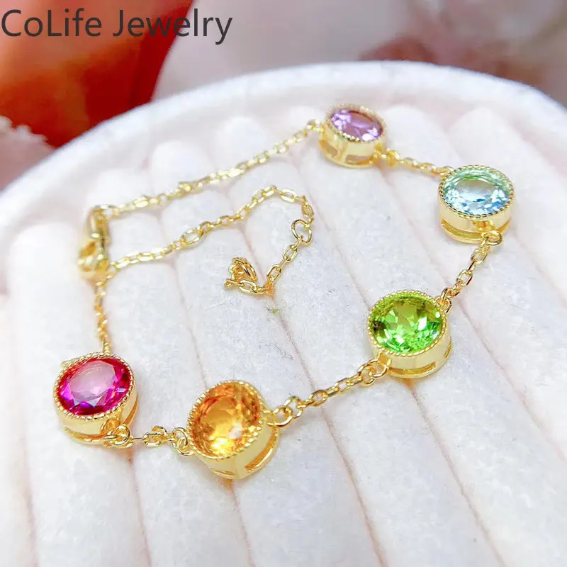 

Multi-color Natural Gemstone Bracelet 2.5ct Amethys Peridot Citrine Topaz Garnet 925 Silver Bracelet Birthday Gift for Woman