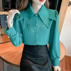 Doll Pointed Neck Turn Down Collar Bubble Long Sleeve Top Chain Casual Shirt And Blouses OL Woman Clothing Solid  Elegant Female