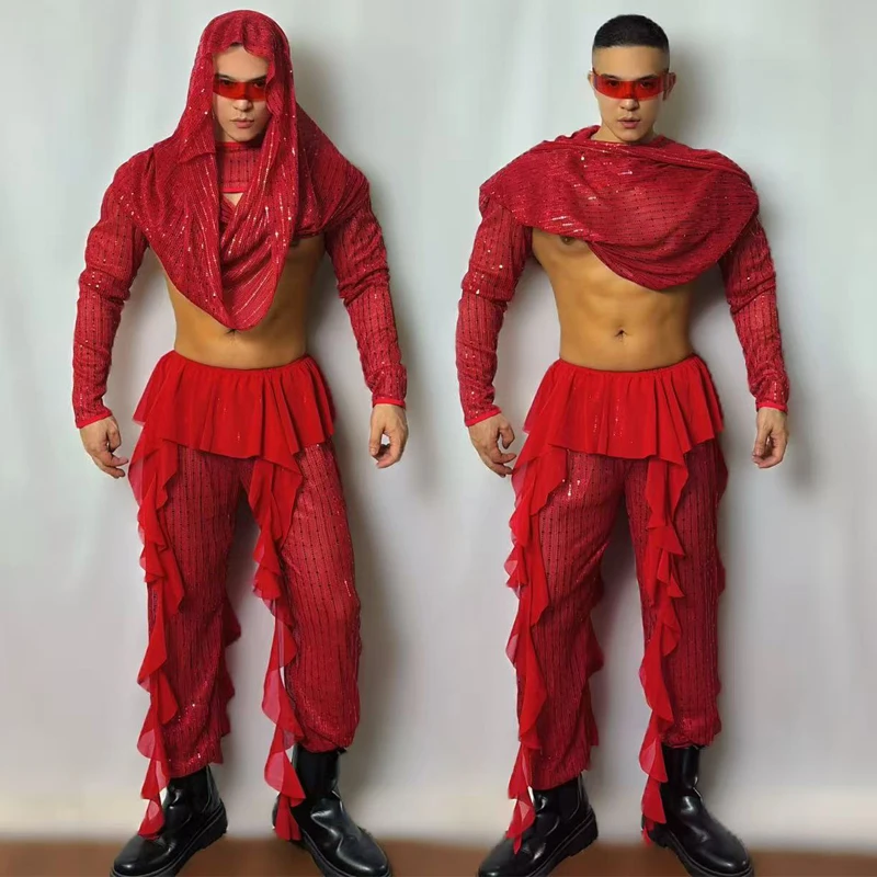 Traje de bailarina Gogo con lentejuelas rojas, ropa de baile en barra para hombre, traje de baile de Jazz para hombre musculoso, club nocturno, Bar, DJ, escenario, ropa individual XS10256