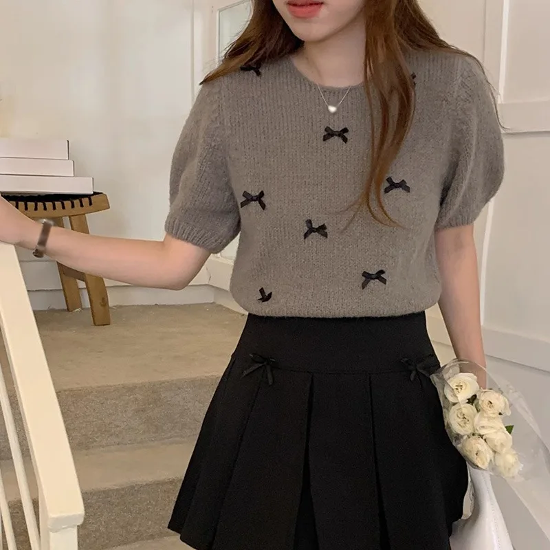 Spring Summer Sweaters Women Tops Bows Short Puff Sleeve Korean Fashion Chic Pull Female Retro Sweet Pullovers