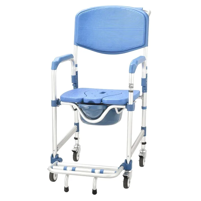 Mobile Folding Commode Chair with Wheels for Elderly Disabled Adjustable Height Shower Transfer Toilet Seat with Back Support