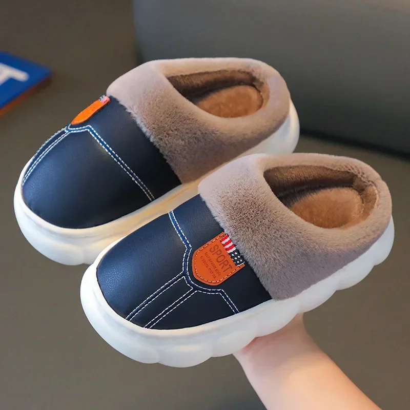 

Women's Cotton Slippers Winter Shoes Woman Warm Plush Waterproof Leather Slippers Little Girls Boys Soft Sole Home Shoes