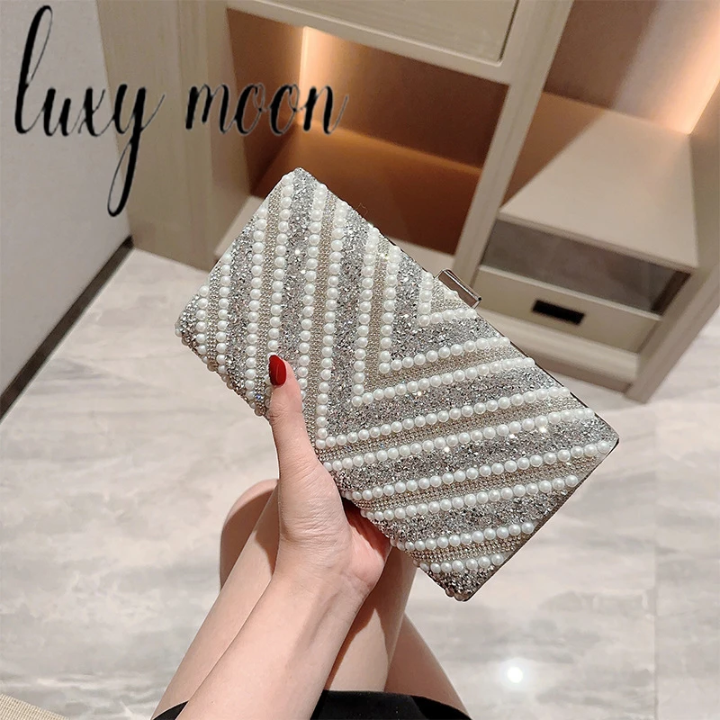 Luxy Moon Pearls Envelope Handbags Wedding Bride Bag Fashion Women Silver Luxury Clutch Purses Z666