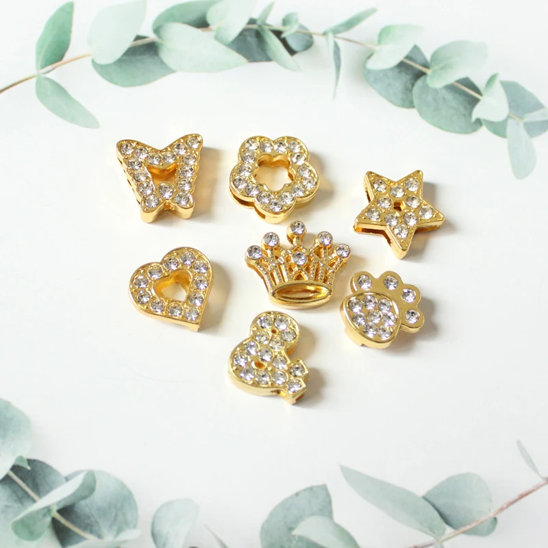 10PC/lot 10MM rhinestones gold color paw heart star butterfly crown Slide Charm For 10mm DIY Bracelet Wristband Jewelrys Making