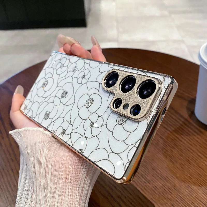 Phone Case For Samsung S26 S25 Edge S24 S23 Plus S26 Ultra S23 FE Electroplated PC+TPU Shockproof Graceful Flower Thin Cover