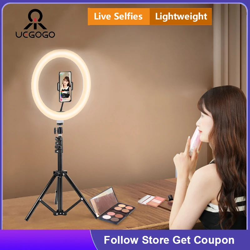 

UEGOGO 110cm Tripod 10"LED Selfie Ring Light RGB Photography Video Light Phone Stand Fill Light Dimmable Lamp Trepied Streaming