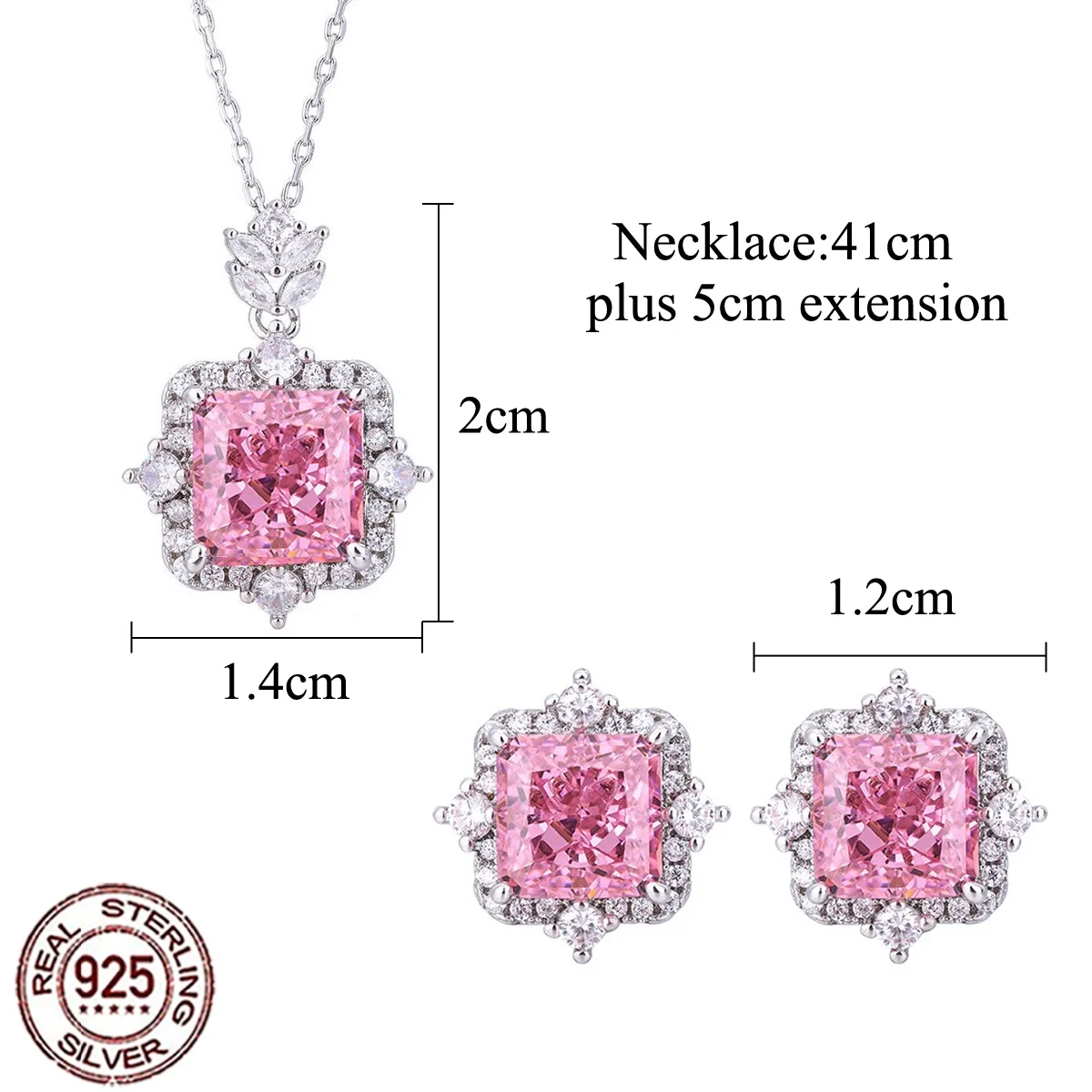 QooLady 925 Sterling Silver Square Pink 8A CZ Halo Necklace & Stud Earrings Bridal Daily Wear Wedding Fine Jewellery Gift ST068