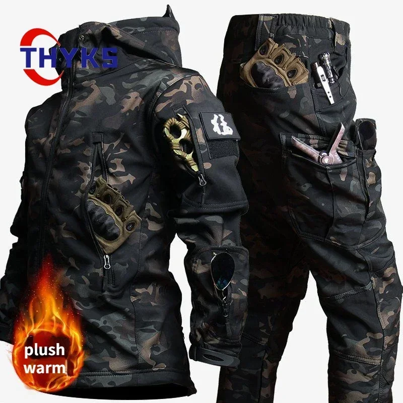 Outdoor Sharkskin Warm Suit Special Soldiers Camouflage Plush and Thick Coat  Autumn and Winter Soft Shell Large HiKing Jakets