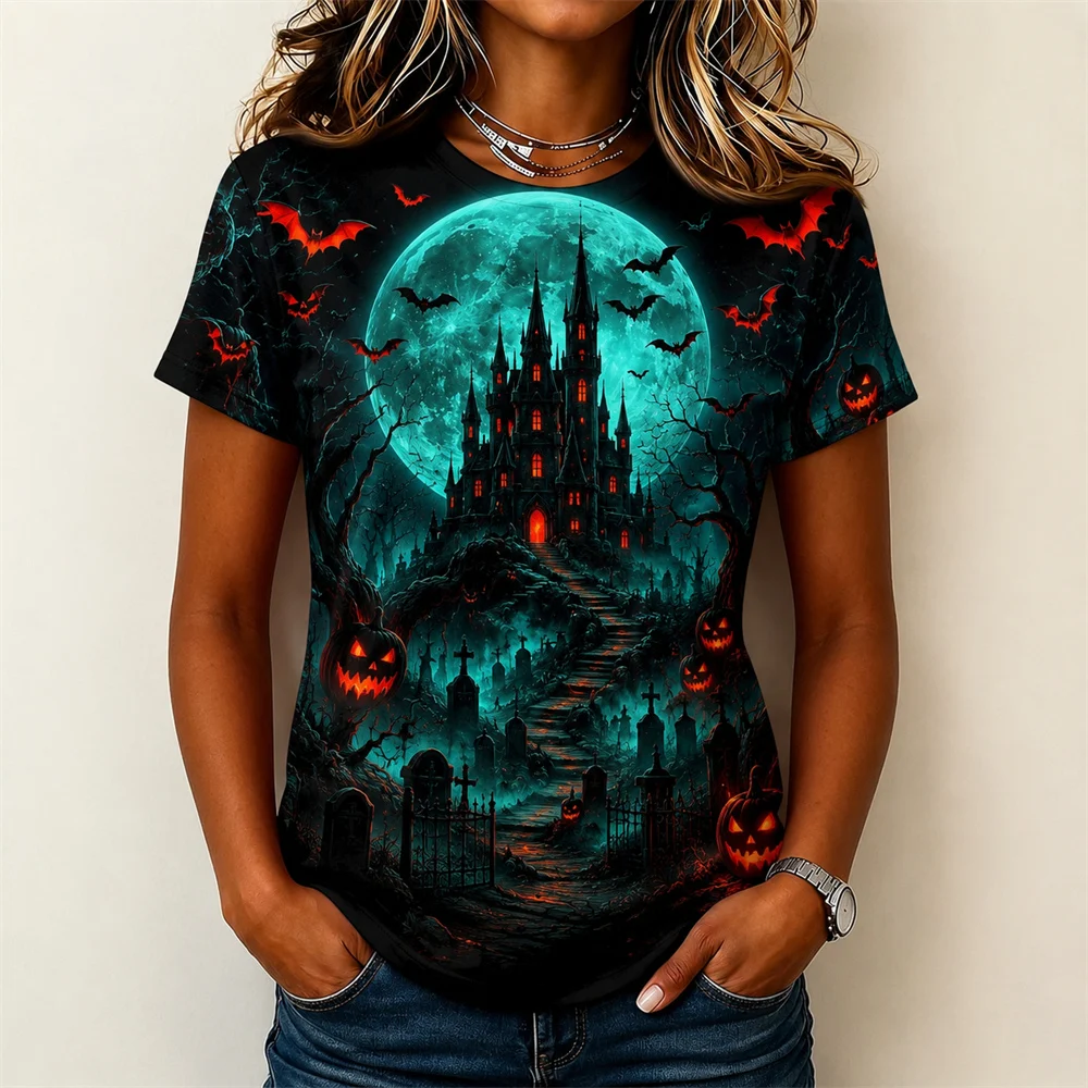 Black Theme Horror Halloween T-shirts Men Women 3D Print Ghost Bat Pumpkin Castle Pattern T Shirts Suitable Halloween Costumes