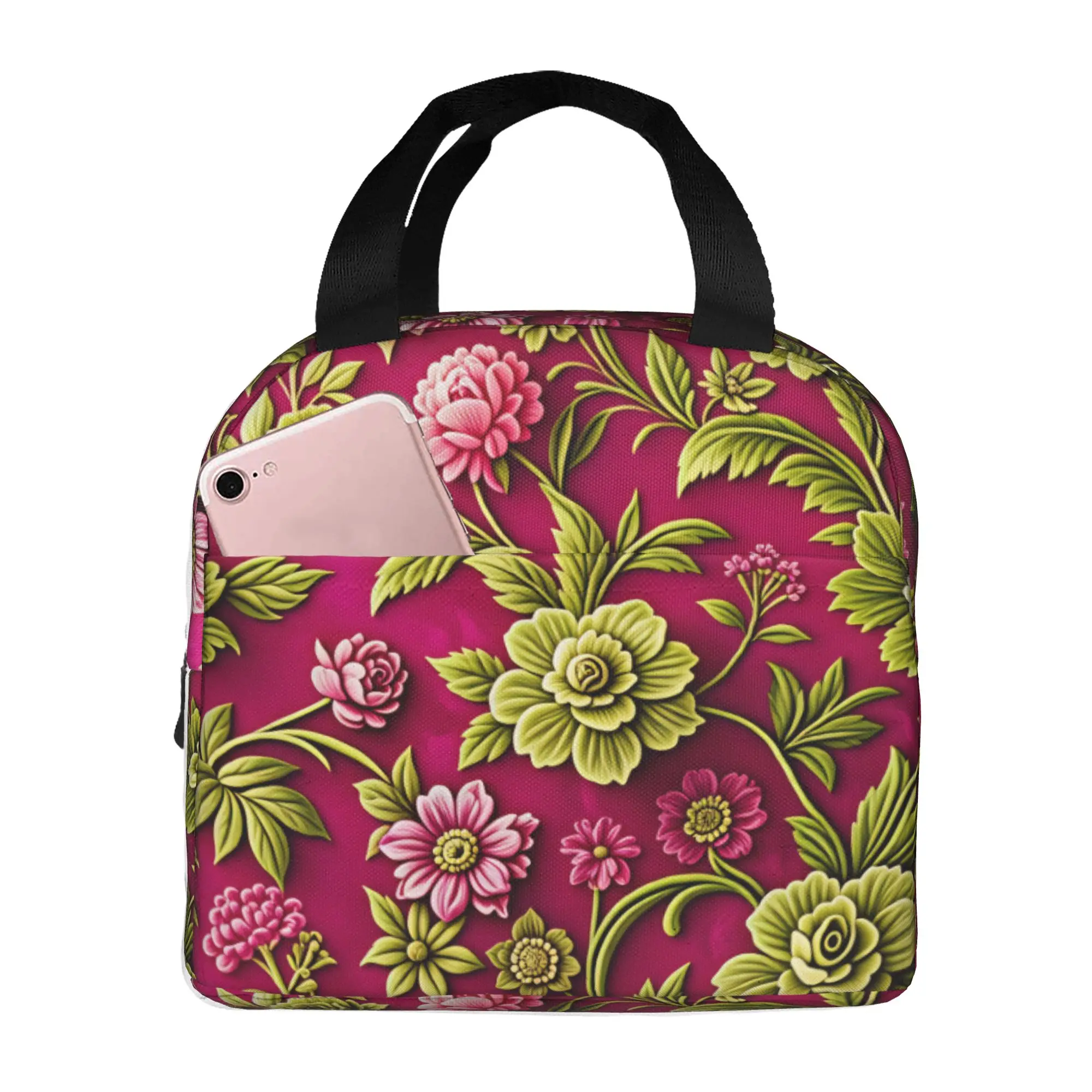 Fashion Trend 3D Flowers Insulated Lunch Bags for Women Luxury High 3D Floral Portable Thermal Cooler Bento Box Work School