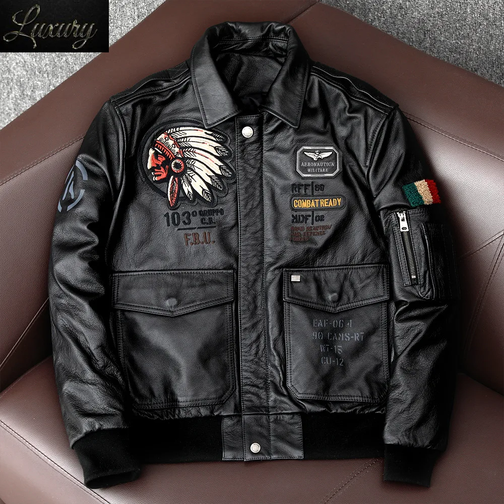 

New Indian Embroidery Flying Suit Natural Genuine Leather Coat Men's Cowhide Motorcycle Jackets Slim Fashion Clothing