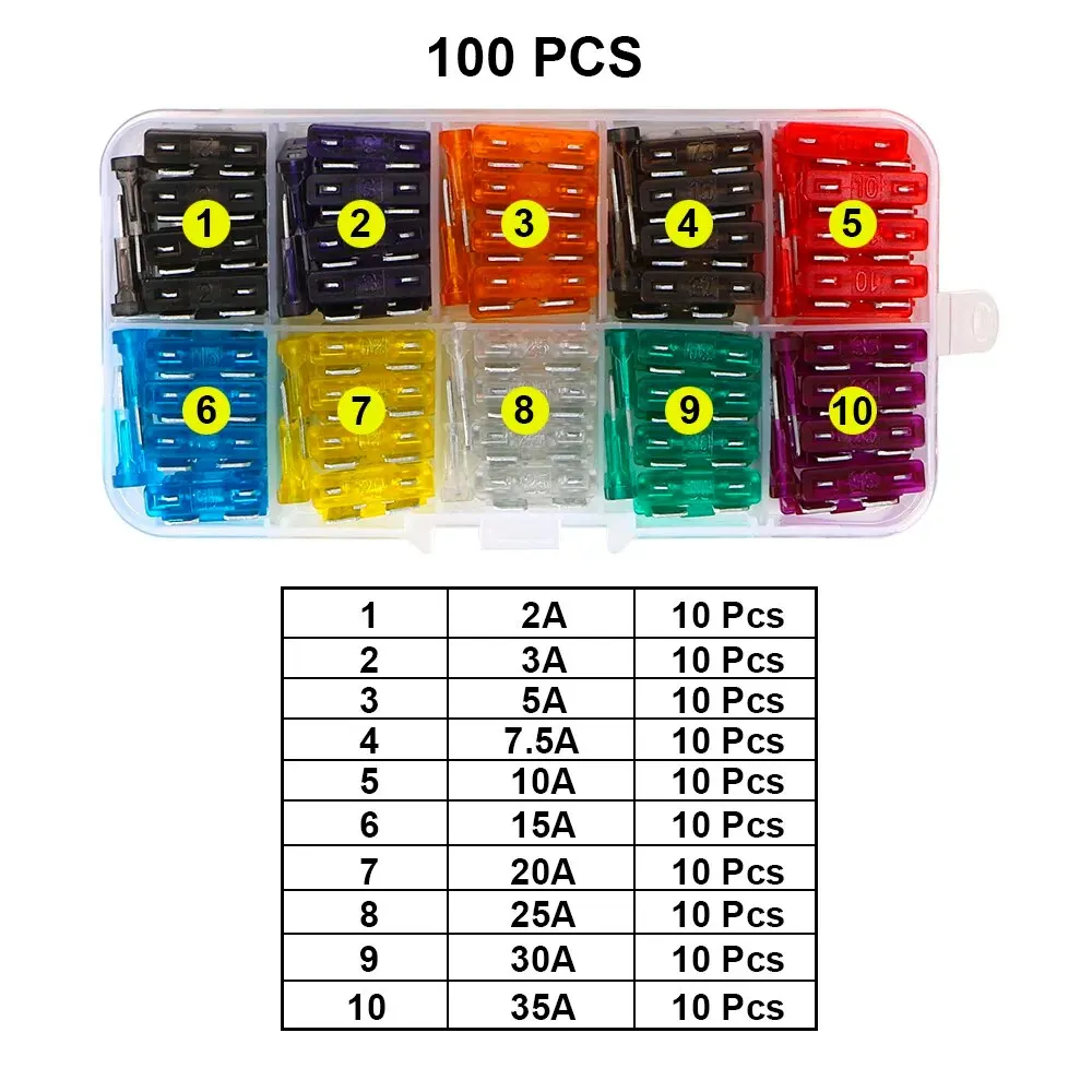 Auto Blade Type Fuse Set with Box 2A 3A 5A 7.5A 10A 15A 20A 25A 30A 35A 40A Amp 50/100 Pcs Car Truck Fuses Clip Assortment