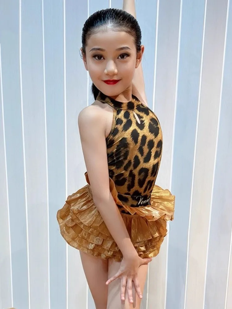 2024 Latin Dance Dress Girls' New Dance Practice Set Children's Leopard Print Cake Skirt vestido baile latino mujer profesional