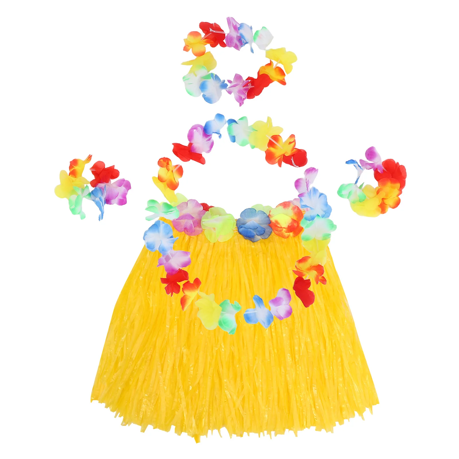 Hawaiian Kids Grass Skirt Set Hula Costume Accessories Bracelets Garland Head Hoop Party Beach Luau Tropical Outfit (Yellow)