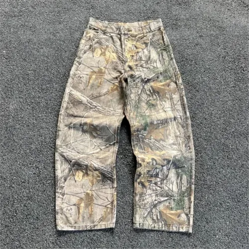 Pantalones vaqueros de camuflaje de rama para hombre estilo americano viejo lavado pierna ancha Retro moda suelta tendencia calle pantalones vaqueros rectos pantalones de camuflaje Y2K